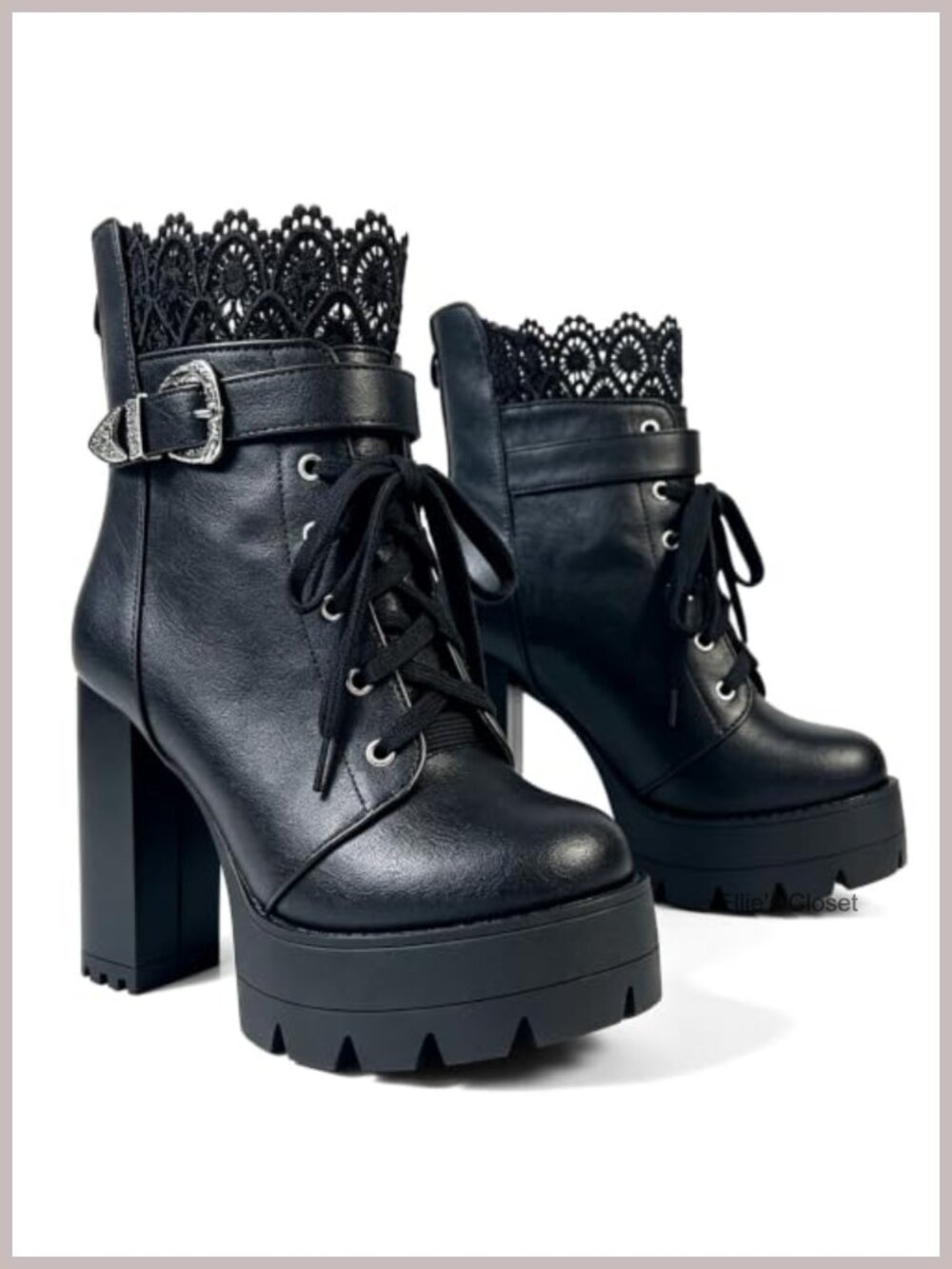 Platform High Heel Lace Up Combat Ankle Booties with Buckle Accents